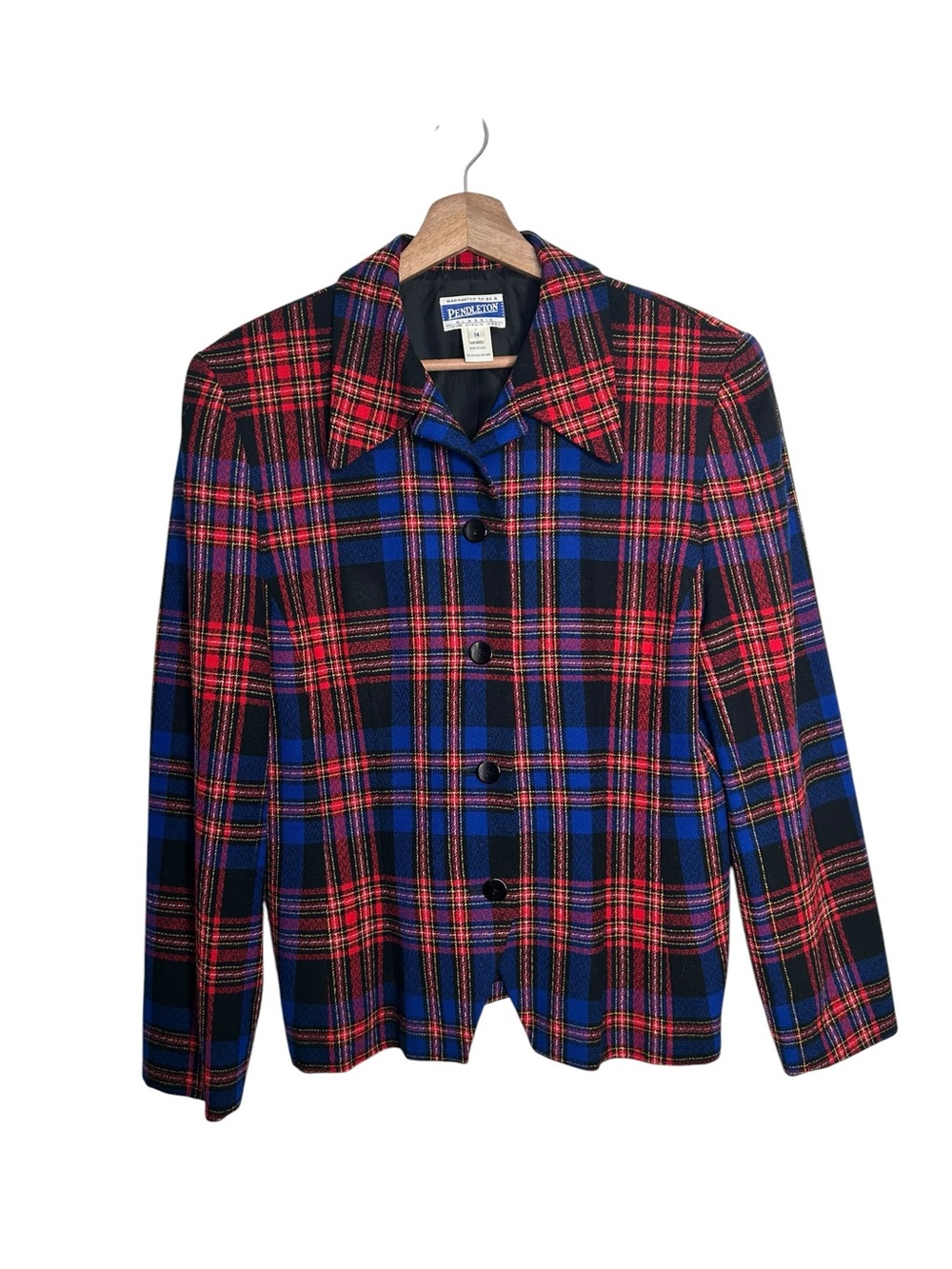 PENDLETON Vintage 100% Virgin Wool Red Blue Tartan Plaid Blazer Jacket Size 14 - Picture 3 of 9